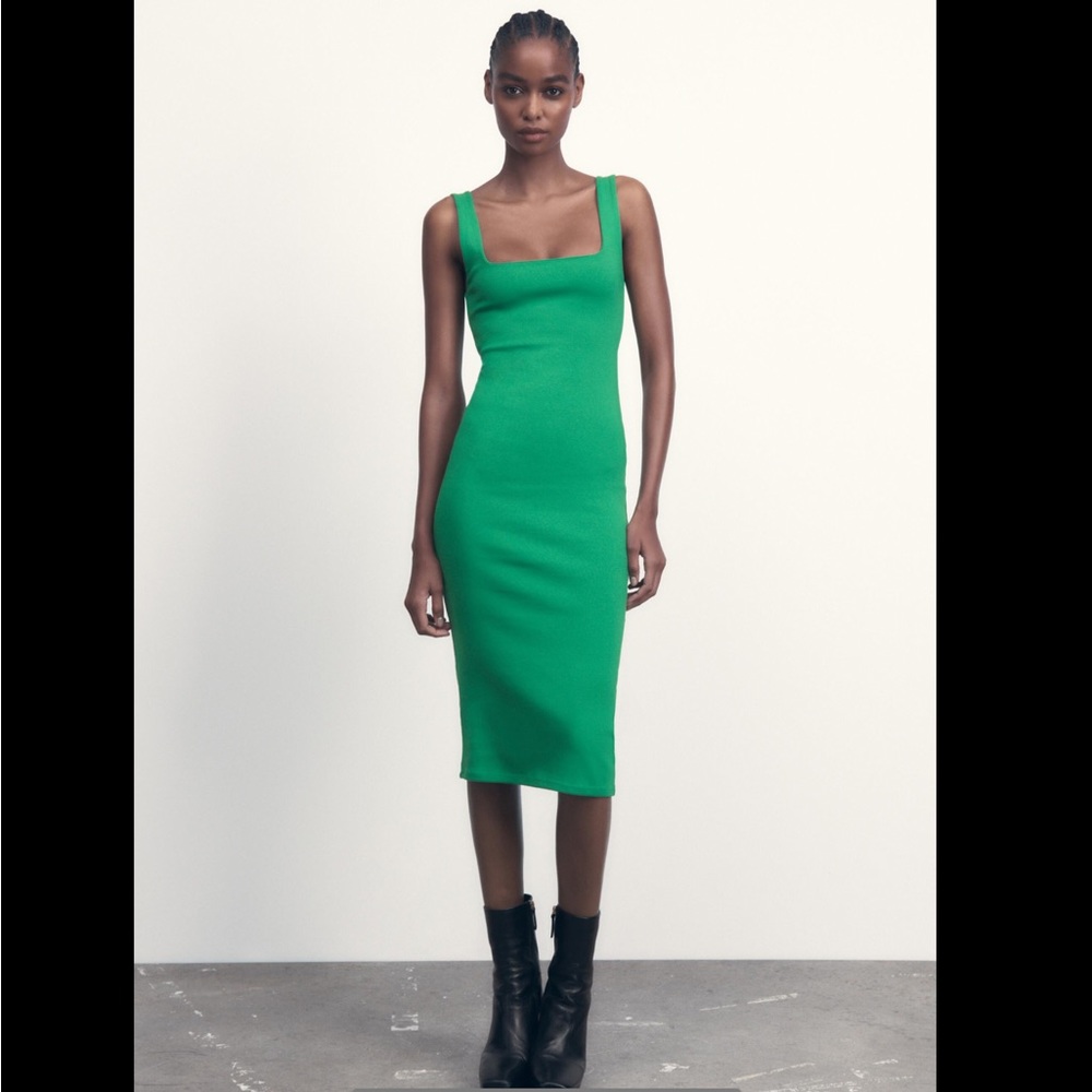 Zara square neckline midi emerald green dress - Picture 2 of 8